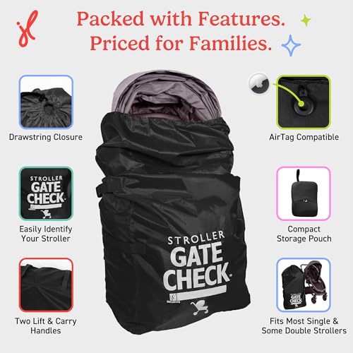 J.L. Childress Gate Check Bag for Single & Some Double Strollers - Travel Bag for Airplane, Fits Most Standard Baby Strollers, Airport Accessories Gate Check, Flying Essentials - Black