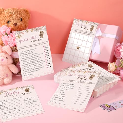 Image of Jetec 302 Pcs Baby Shower Games, 6 Games,50 Sheets Each, Pink Highland Cow