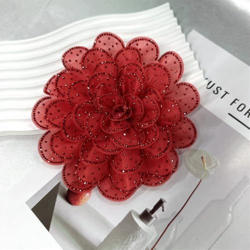 Image of Rhinestone Camellia Flower Big Brooch Lapel Pins for Women Fashion Crystal Fabric Floral Brooches Pin for Dresses Suit Accessories Jewelry Boutonniere Corsage Wedding Party 140mm