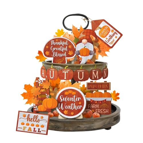 Fall Thanksgiving Tiered Tray Decor Set Pumpkin Wood Sign Gnome Ladder Rustic Farmhouse Fall Home Kitchen Decor for Table Autumn Harvest Decorative Signs 15PCS