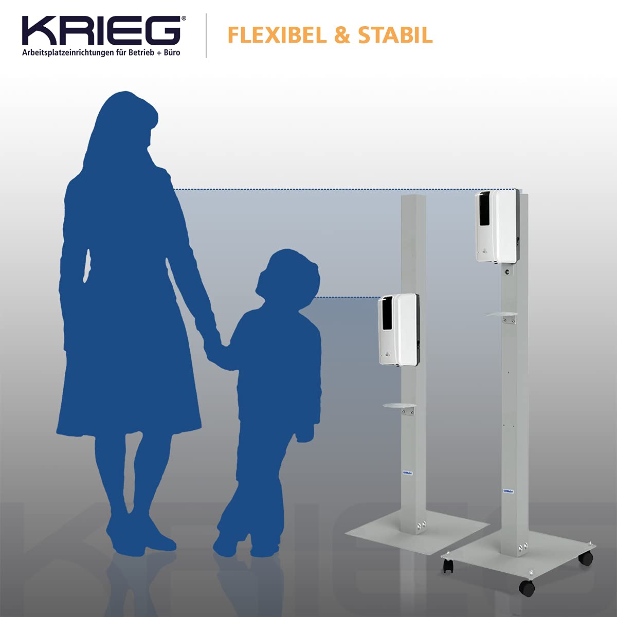 KRIEG Desinfektionsmittelständer mit Sensor + Auffangschale I Silber I Kontaktlos Hygienestation 1000 ml - 333 Sprühstöße I Desinfektionsstation freistehend, höhenverstellbar, touchless I Ready to go