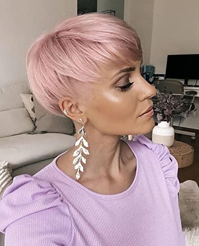 BeiSD Short Pixie Cuts Hair Wig for Women and Girls With Bangs - Synthetic for Black/White Women, Pink, 23.6 inches