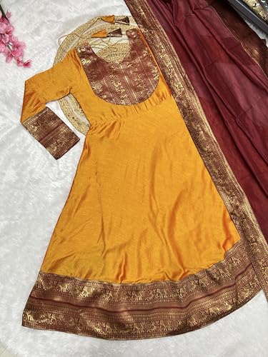 Image of Women's Vichitra Silk Anarkali Gown with Dupatta, Navy Blue Flared Traditional Dress with Magenta Zari Border, Jacquard Weaving Full Sleeves Ethnic Suit