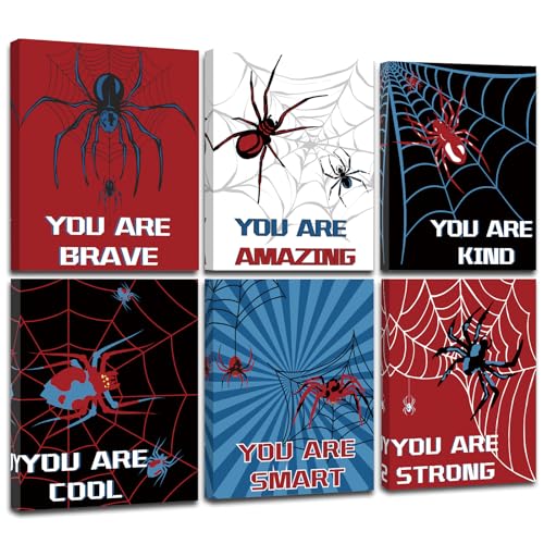 FRAMED Spider Room Decor for Boys, Spider Wall Art for Boy Wall Decor, Spider Wall Decor for Bedroom Bathroom Nursery Kids Room, Ready to Hang(Set of 6, 8x10 Inch, Framed)