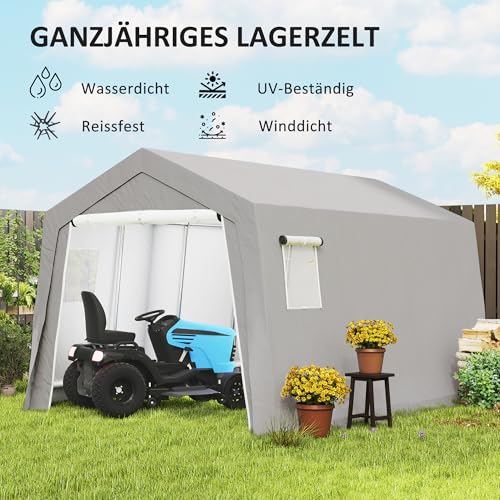 Outsunny Gerätehaus mit Satteldach wasserdicht Gerätezelt mit Türen, Fenster, Anti-Staub-Fahrradabdeckung, Foliengerätehaus Fahradgarage für Terrasse Garten, 300 x 447 x 255 cm, Hellgrau