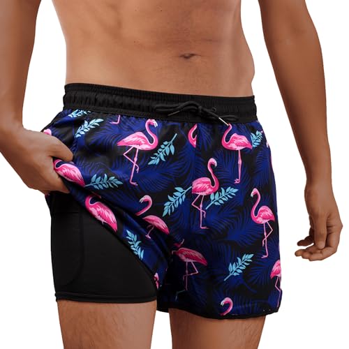 BRISIRA Mens Short Swim Trunks with Compression Liner Retro Vintage 8090s Bathing Suit Swim Board Shorts Swimwear Quick Dry