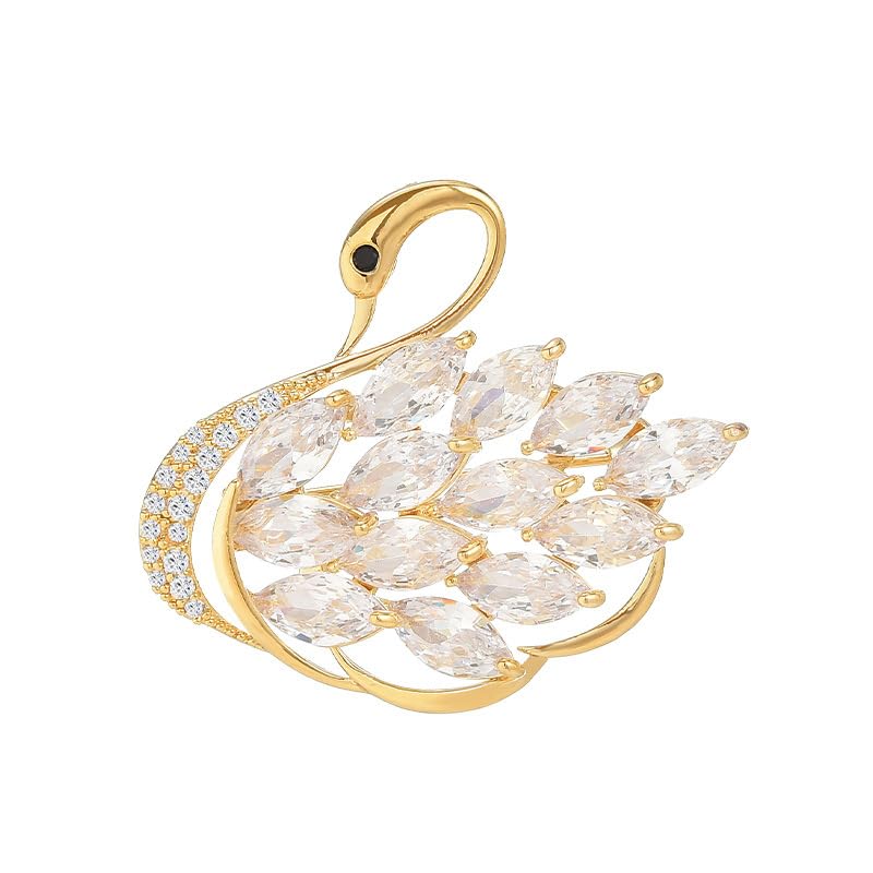 Image of Luxurious and Sophisticated 14K Gold Swan Brooch with Sparkling Moissanite, Stunning Animal Inspired Crystal Corsage, Trendy Trench Coat Accessory