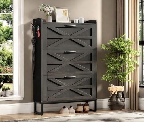 DWVO Farmhouse Shoe Storage Cabinet with 3 Flip Drawers, Slim Shoe Cabinet for Up to 24 Pairs, Narrow Shoe Rack for Entryway, Living Room, Hallway (Dark Rustic Oak)
