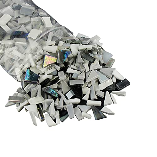 JIHUOO 250G Tesselles en Verre Colorées Irrégulière Carreaux de Mosaique Morceaux de Verre pour Les Loisirs et la Décoration Noir Blanc Gris