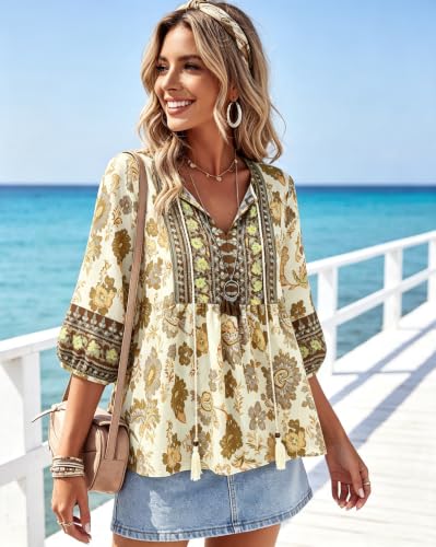 Image of Vivilli Womens Summer Boho Babydoll Tops 3 /4 Sleeve Pleated Peplum Blouses Casual V Neck Tie Front 2026 Tunic Tops