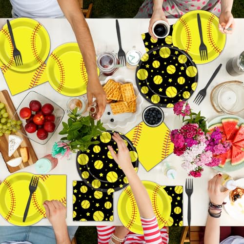 Image of 96Pcs Softball Birthday Party Decorations Paper Plates and Napkins Sets Sports Theme Dessert Disposable Tableware Black Yellow Softball Plates Supplies Team Sport Party Gifts Favors for 24 Guests