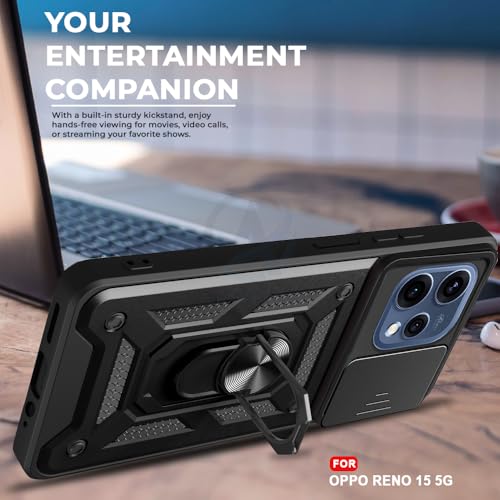 Image of AESTMO Tough Armor Oppo Reno 15 5G Bumper Back Case Cover | Ring Holder & Sliding Camera Shield Cover | 360 Degree Protection Back Case Cover for Oppo Reno 15 5G (Black)