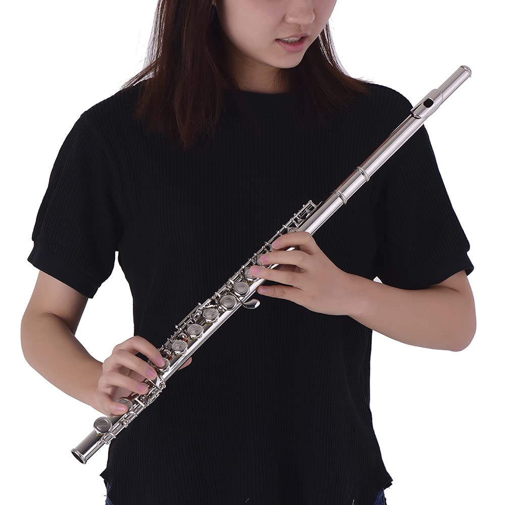 Flauta 16 Agujeros Tono C, Instrumento Viento Metal Plata con Soporte Estuche, Flauta Plata para Principiantes Músicos Estudiantes Práctica Concierto