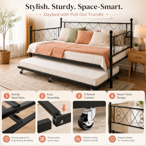 Image of Garvee Daybed with Trundle, Trundle Bed Twin with Heart-Shaped Headboard, Sturdy Metal Sofa Bed, Heavy-Duty Metal Bed Frame Support, for Living Rooms, Bedrooms, and Guest Rooms, Easy Assembly