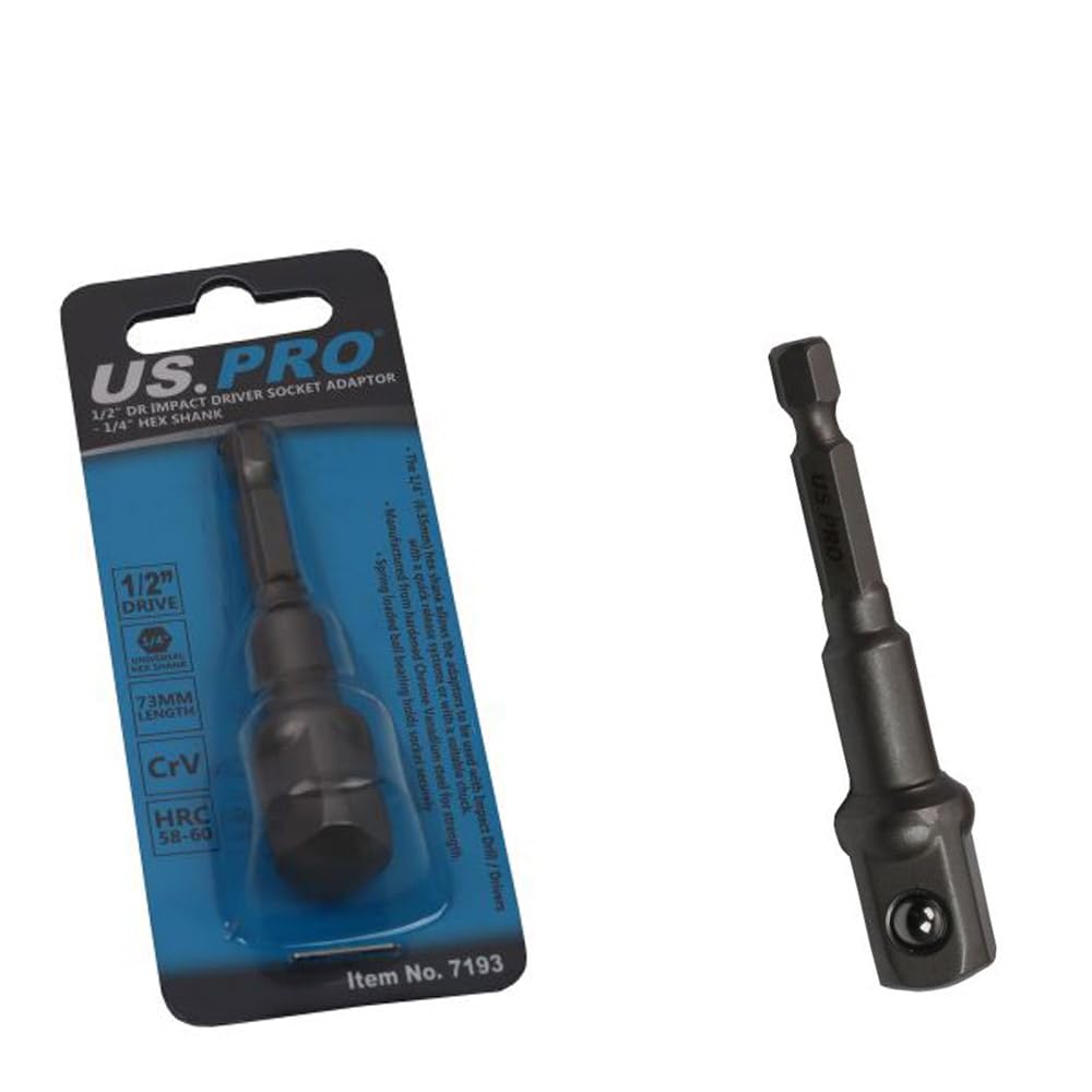 US PRO 1/2" DR Impact Driver Socket Adaptor - 1/4" Hex Shank