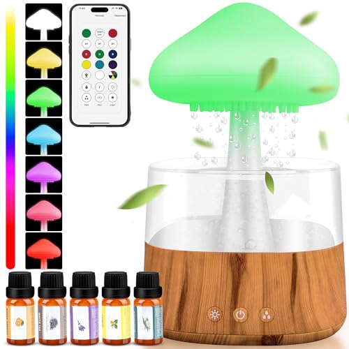 Image of Upgraded Rain Cloud Humidifier Water Drip with App Controll, Mushroom Rain Cloud Diffuser with 5 Essential Oils, Raining Cloud Night Light with Rain 7 Changing Colors for Sleeping Relaxing Wood