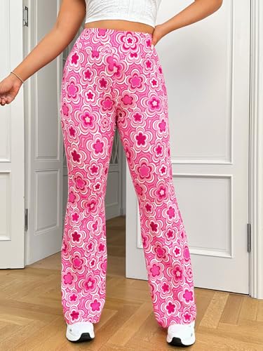 OYOANGLE Women's Plus Size Floral Print High Waisted Flared Leg Pants Bell Bottom Rave Trousers4
