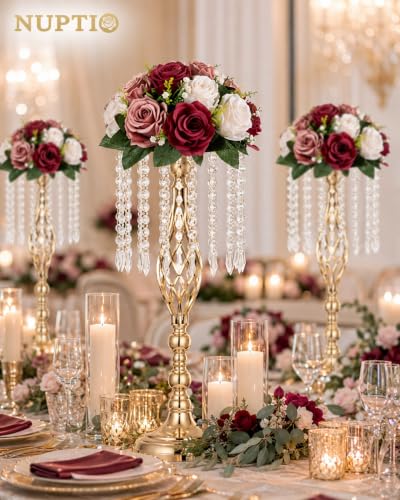 Image of Nuptio Artificial Flower Centrepieces for Tables - 6 Pcs Burgundy & Dusty Rose & Creamy White Fake Flowers Roses Balls 9.5in Diam - Silk Faux Rose Arrangement for Wedding Party Centerpiece Table Decor