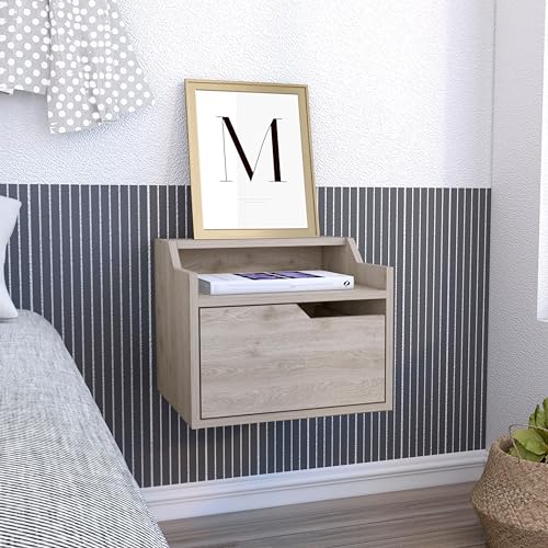 RiouPsithuric Mueble Flotante Moderno Mesita de Noche con un cajón y Estante Superior de Dos Niveles, Tablero de partículas Laminado Gris Claro, Mesa Auxiliar Moderna para Montaje en Pared, IDE