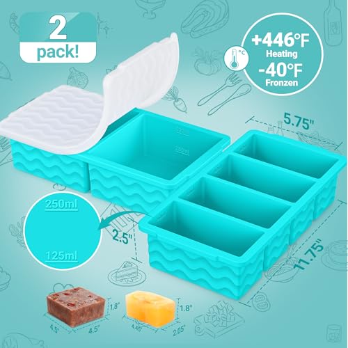 Image of Silicone Freezer Molds for Soup with Lid, 1-Cup & 2-Cup Large Ice Cube Trays Food Storage Containers for Meal Prep, Freeze 500mL /250mL /125mL Portions - 2 Pack