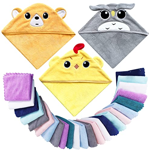 Image of Lovely Care 3 Pack Baby Hooded Bath Towel with 24 Count Washcloth Sets for Newborns Infants & Toddlers, Boys & Girls - Baby Registry Search Essentials Item - Chicken, Bear, Eagle