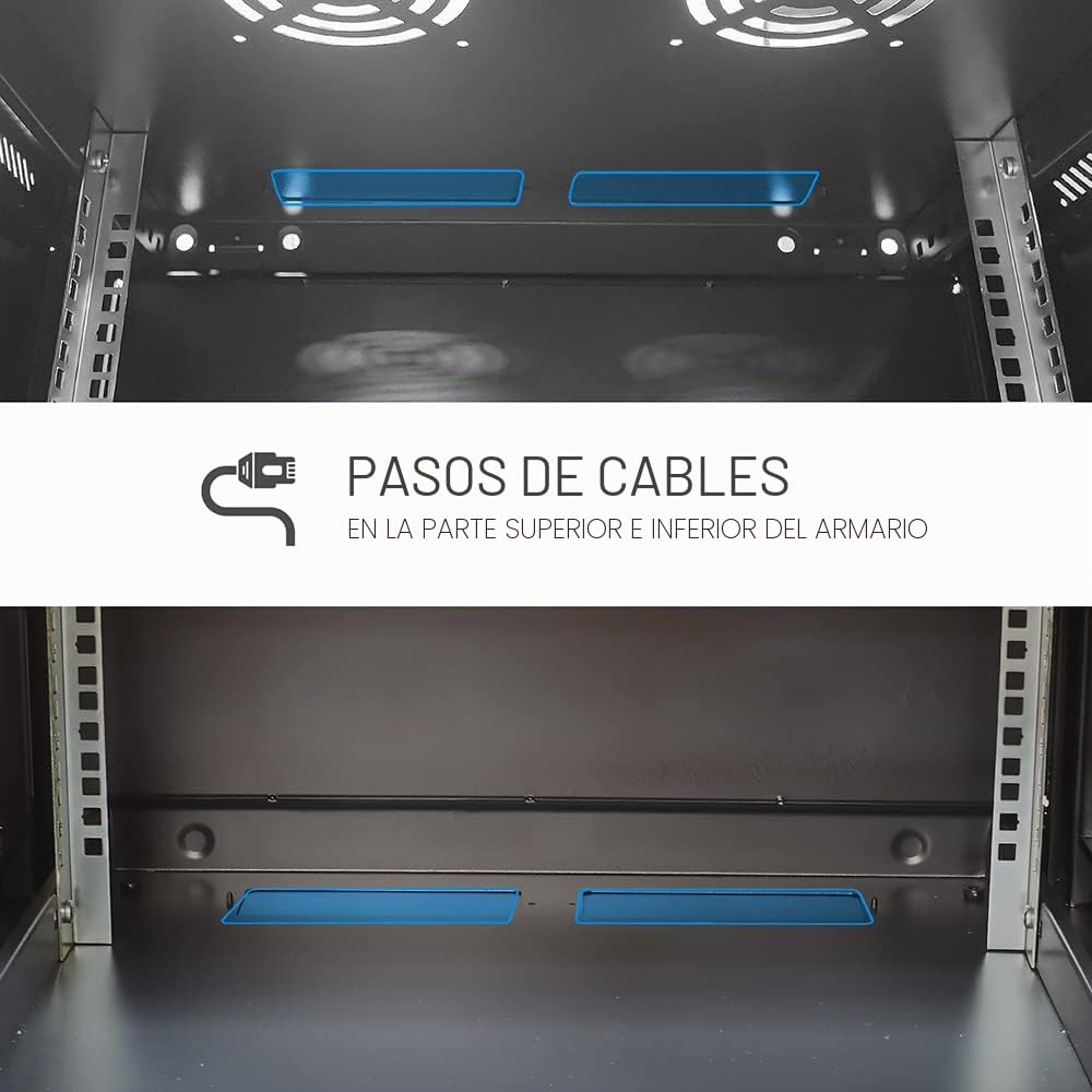 WAYTEX 37401 - Caja de Armario de Red de 19 Pulgadas, 6U – 600 x 450 x 368 mm – Montaje en Pared o Patas suministradas – Puerta de Cristal con Cerradura – Color Negro