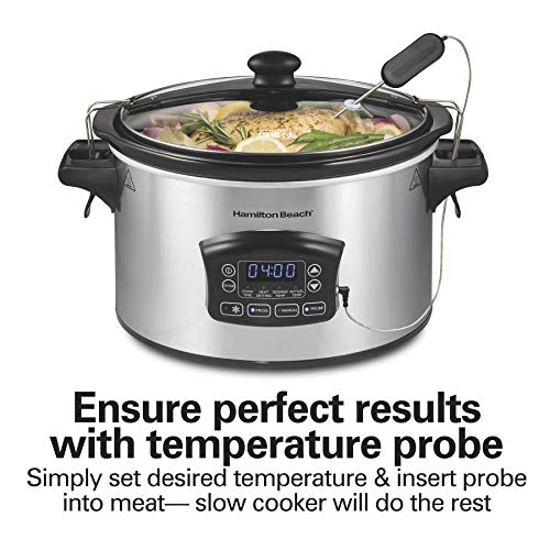 Image of Hamilton Beach Portable 6 Quart Set & Forget Programmable Slow Cooker | Defrost Setting | Lid Lock For Easy Travel | Dishwasher Safe Crock & Glass Lid | Silver | 33869