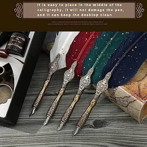 Image of UCRAVO Vintage Carving Feather Pen Set, Glittering Quill Set Antique Calligraphy Writing Dip with Ink, 2 Replacement Nibs, Stand Base, Luxury Signature