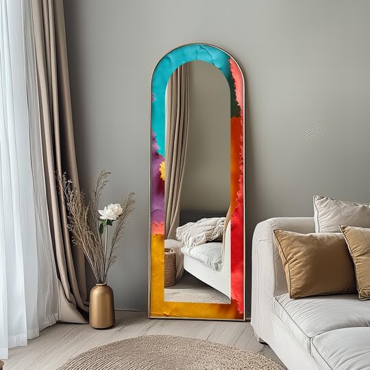 Specchio da pavimento astratto a forma di onde arcobaleno da 63,5 x 160 cm (larghezza x altezza), specchio da pavimento con cornice nera e cornice nera