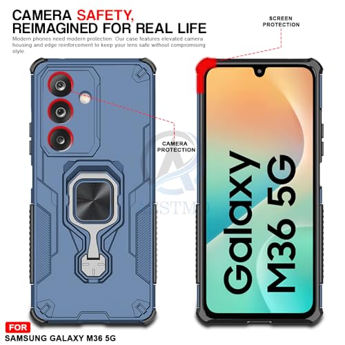 Image of AESTMO Armor Back Cover for Samsung Galaxy M36 5G / F36 5G | Ring Holder & Kickstand & Camera Protection in-Built | 360 Degree Protection Back Case Cover (Blue)