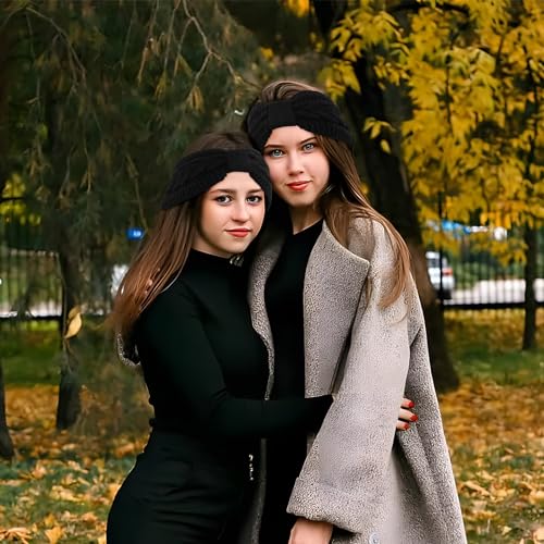 2 Pcs Winter Headband, Women's Knitted Bow Braided Hair Band - Wraps Thick Thermal Wide Headbands for Skiing Running, Outdoor (Black) - Image 4