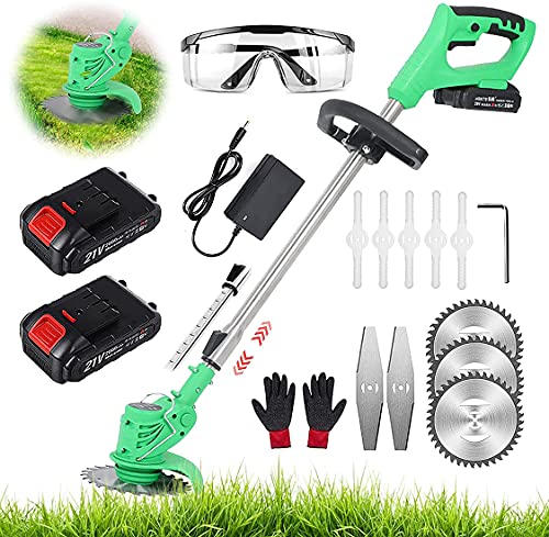 MeTikTok Brushcutter Cordless Grass Trimmer with 21V Lithium Battery And Charger, Electric Lawn Mower, Telescopic Handle, Light Lawn Scythe, Battery Pruner for Trimming Garden Lawn Bushes,Green