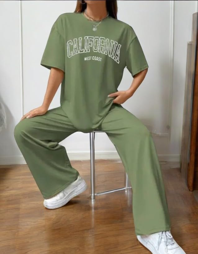 Image of My Swag Women Casual T-Shirt & Trouser Co-Ords Set Half Sleeve Loose-Fit Summer Cord Set 2 Piece Black Outfit Pajama Set for Women & Girls