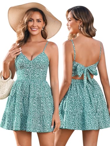 Image of HTZMO Women Summer Floral Mini Sundress Bow Tie Short Dress | V Neck Backless Ruffle A Line Flowy Cute Dresses, Boho Beach Casual Vacation Homecoming Graduation 2026