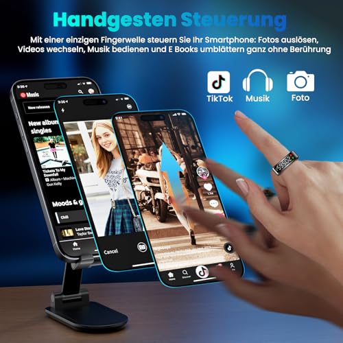 Smart Ring für Damen Herren, Smartringe mit LED Anzeige, Fitness Tracking Ring IP68, Schlaf Health Ring, Gesundheitsring mit Android/iOS,Schrittzähler/Herzfrequenz/SpO2/Aktivitätstracker (Schwarz, 12)