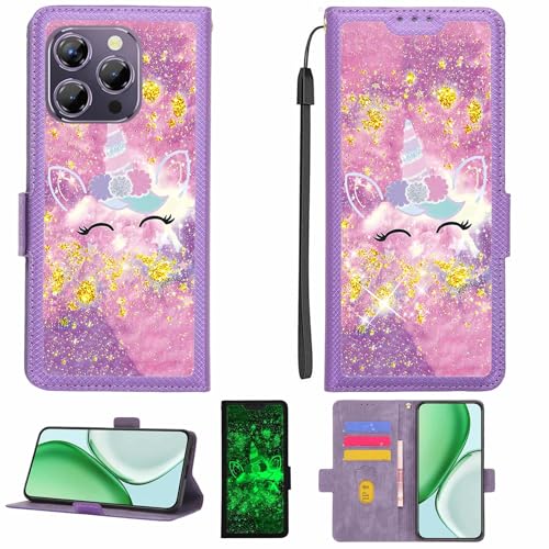 Kinetijy Case Compatible for Oukitel P1 Phone Case Flip Cover [with Tempered Glass Screen Protector][RFID Blocking][Gold Glitter+Luminous] LPT-DJS