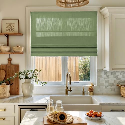 Image of TWOPAGES Isabella No Drill Cordless Roman Shade Linen Textured Cotton Roman Blind for Windows, Custom Made Room Darkening Blackout Roman Window Shade, Hardware Included, Olive, 1 Piece
