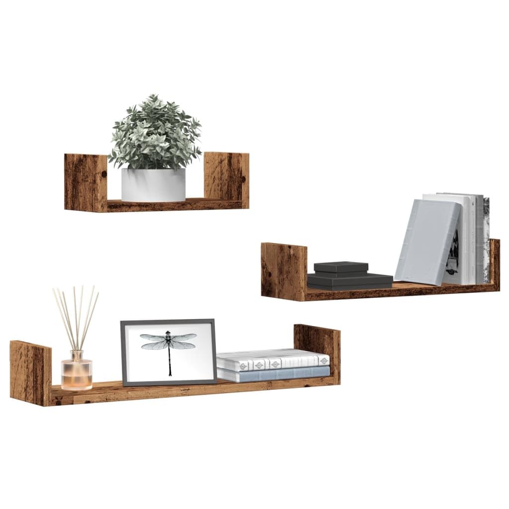 Set di 3 Mensole a Parete in Legno Antico Truciolato, Dimensioni 30-60cm, Stabili Durevoli e Salvaspazio, per Decorare Pareti in Bagno Cucina Soggiorno