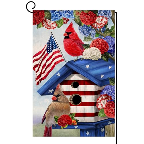 BLKWHT 4th of July Cardinal Bird Garden Flag 12x18 Vertical Double Sided Red Blue Floral Memorial Day Independence Day Holiday Outside Decorations Burlap Yard Flag BW824