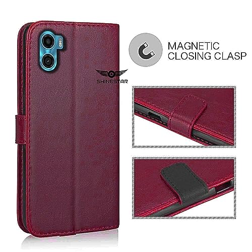 Image of SHINESTAR Motorola Moto E32 Flip Back Cover | PU Leather Flip Cover Wallet Case with TPU Silicone Case Back Cover for Motorola E32 - Blood Red