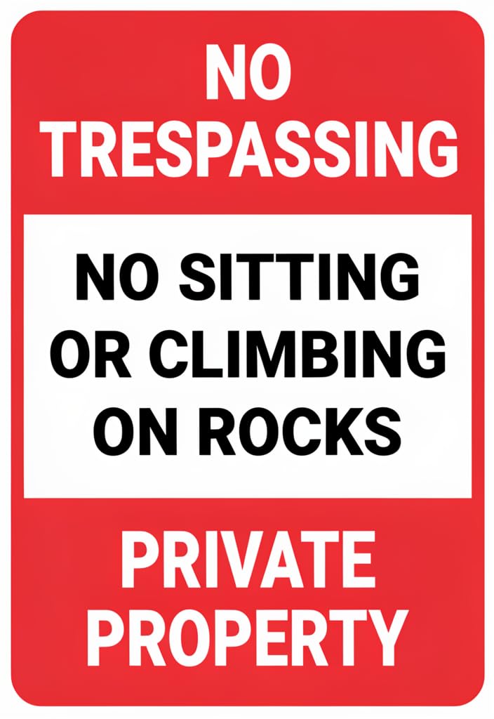 peiyeety No Trespassing Private Property Tin Sign 12x8 Inch, No Sitting or Climbing on Rocks Warning Metal Sign, Red and White Security Notice Plaque for Yard Fence Gate Outdoor Decor