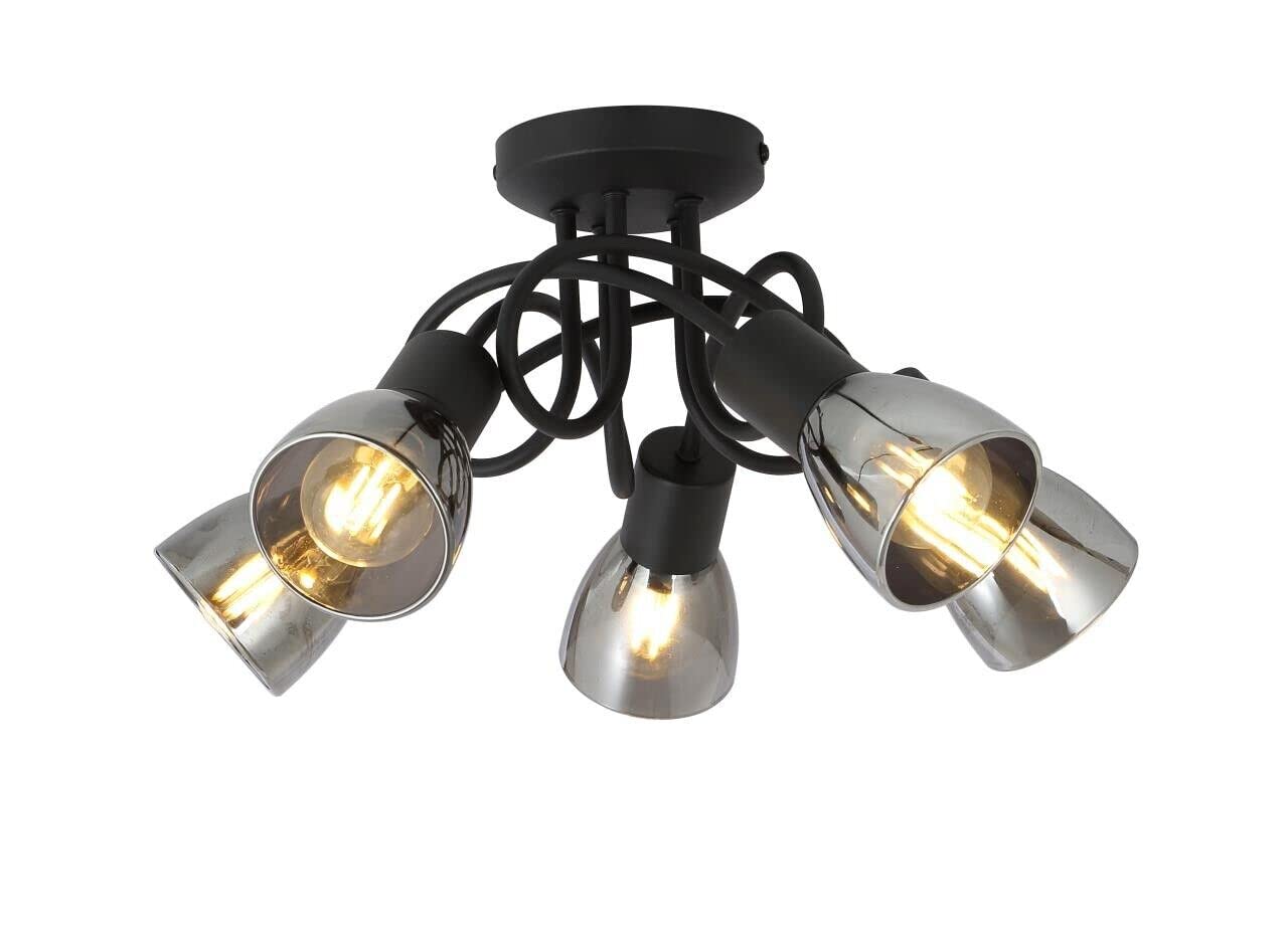 UKEW 5 Way Cross Over Ceiling Light - Modern Black Design Flush Smoked Glass Fitting Spotlight Lamp - Living Room Bedroom Round Hallway Bar Light