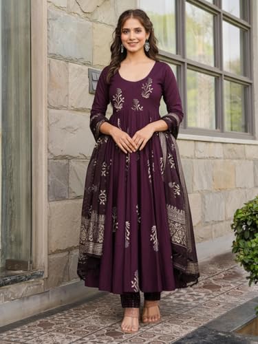 Image of ANNI Designer Women's Rayon Blend Anarkali Printed Kurta with Pant & Dupatta | Ethnic Kurta Pant Dupatta Set for Women | Traditional Indian Wear Outfit
