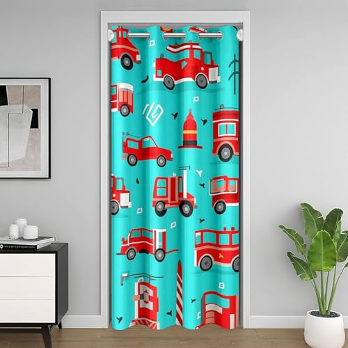 Camion de Pompiers Rouge Rideau Porte 86x203,Dessin Animé Transport Rideau Occultant,Thème de Véhicule Mignon Rideau de Porte,Menthe Verte Rideaux de...