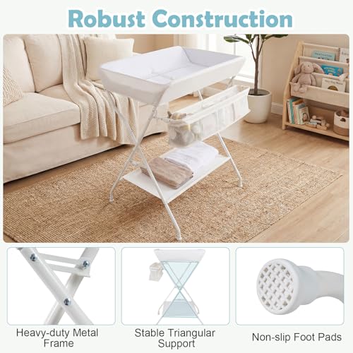 Image of Costzon Changing Table, Portable Baby Changing Table Foldable Diaper Changing Station with Safety Belt, Large Storage Rack & Shelf, Nursery Organizer for Newborn Infant (Beige)