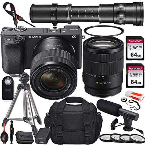 Sony Alpha a6400 Mirrorless Digital Camera with 18-135mm and 420-800mm Telephoto Lens + 2X 64GB Memory Card, UV & Close-up Filters, Microphone, Portable Tripod, Gadget Bag & More (Renewed)