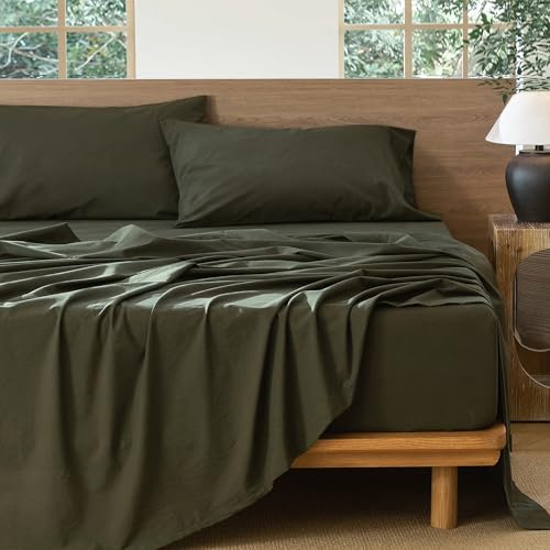 MOOMEE Bedding Sheet Set 100% Washed Cotton Linen Like Textured Breathable Durable Soft Comfy (Olive Green, Queen) - Image 5