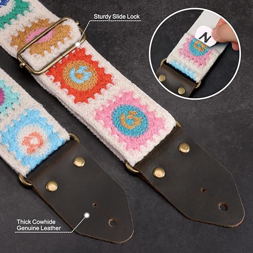 Image of Nefelibata Guitar Strap,Jacquard Embroidery Cotton Guitar Straps with Crazy Horse Leather Ends for Bass, Electric & Acoustic, Best Gifts for Kids, Guitarists(Smiling White Embroidery)