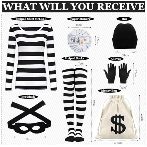 Disfraz de Ladron Mujer, Conjunto De Disfraz Ladrón Adulto Incluye Camiseta Rayas Blancas y Negras, Gorro Ladrón, Antifaz, Calcetines y Bolsa Lona Dinero, Ideal para Cosplay Halloween Carnaval