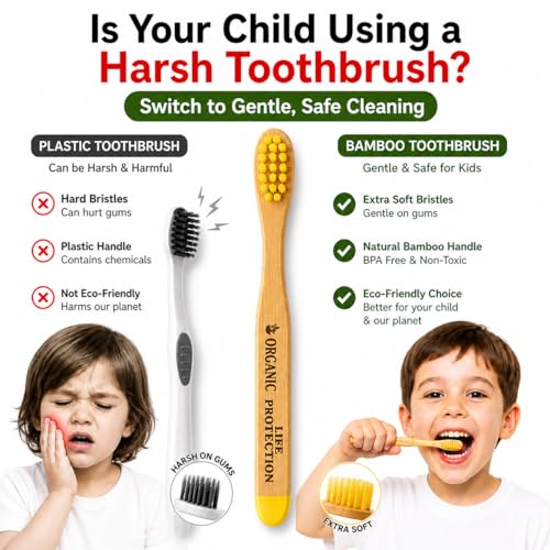 Image of Kids Bamboo Toothbrush (Pack of 4) - Extra Soft Bristles for Toddlers & Kids (3-10 Years), BPA-Free Eco-Friendly Wooden Toothbrush, Gentle Gum Care, Multicolor Children Tooth Brush